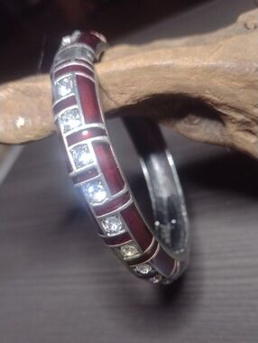 Vintage Silver-Tone Burgundy Enamel Bracelet with Clear Crystals